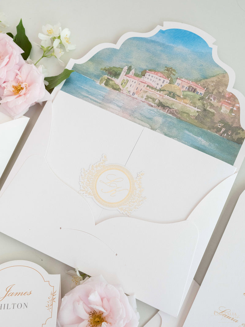 Villa del Balbianello | Luxuriöses Hochzeits-Einladungsset | Pocketstyle mit Aquarell-Hochzeitslocation und Goldfolie | Lake Como