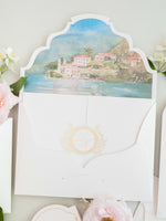 Villa del Balbianello | Luxuriöses Hochzeits-Einladungsset | Pocketstyle mit Aquarell-Hochzeitslocation und Goldfolie | Lake Como