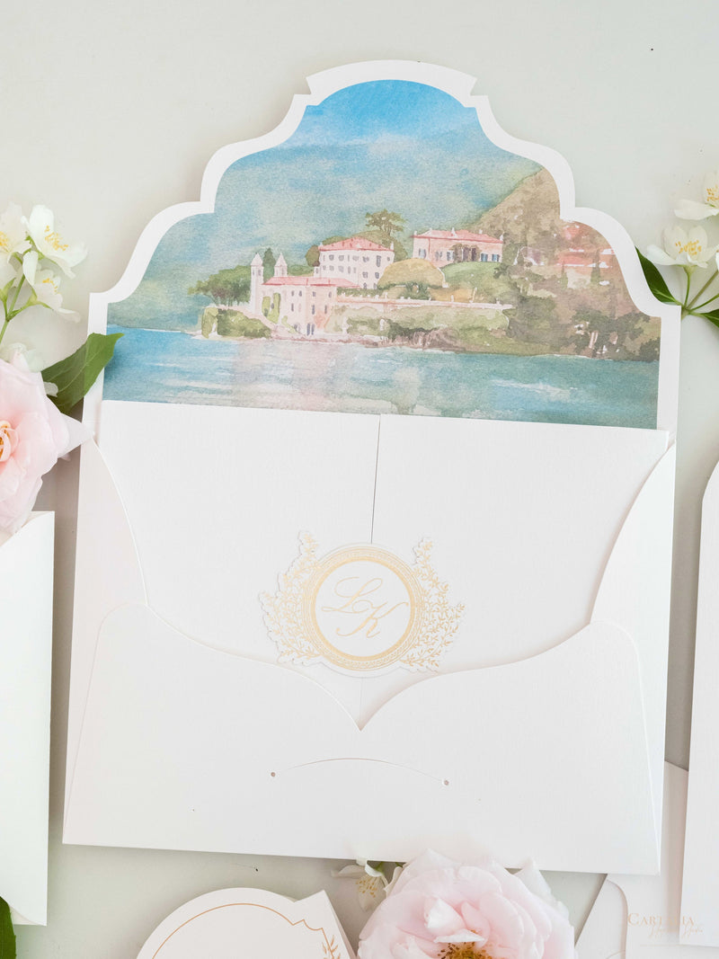 Villa del Balbianello | Luxuriöses Hochzeits-Einladungsset | Pocketstyle mit Aquarell-Hochzeitslocation und Goldfolie | Lake Como