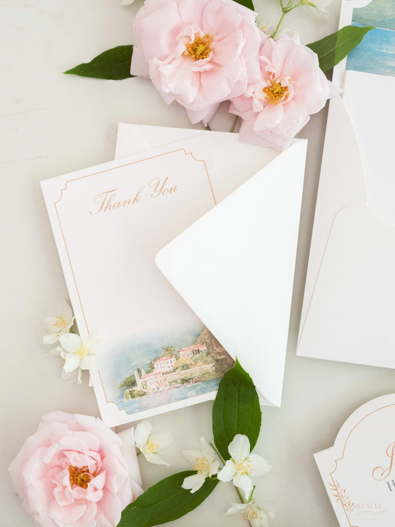 Order of Service mit Aquarell-Hochzeitsort & Goldfolie | Villa del Balbianello, Comer See