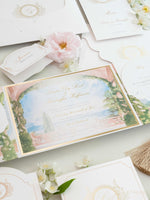 Villa del Balbianello | Luxuriöses Hochzeits-Einladungsset | Pocketstyle mit Aquarell-Hochzeitslocation und Goldfolie | Lake Como