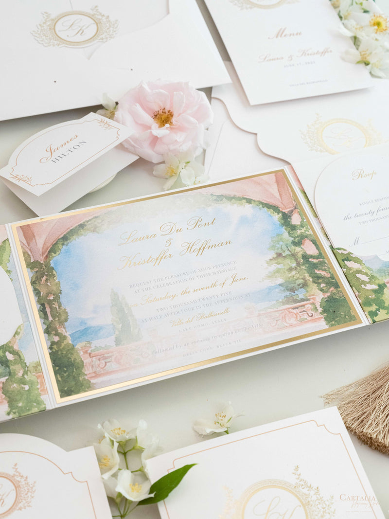Villa del Balbianello | Luxuriöses Hochzeits-Einladungsset | Pocketstyle mit Aquarell-Hochzeitslocation und Goldfolie | Lake Como