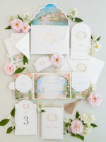 Order of Service mit Aquarell-Hochzeitsort & Goldfolie | Villa del Balbianello, Comer See