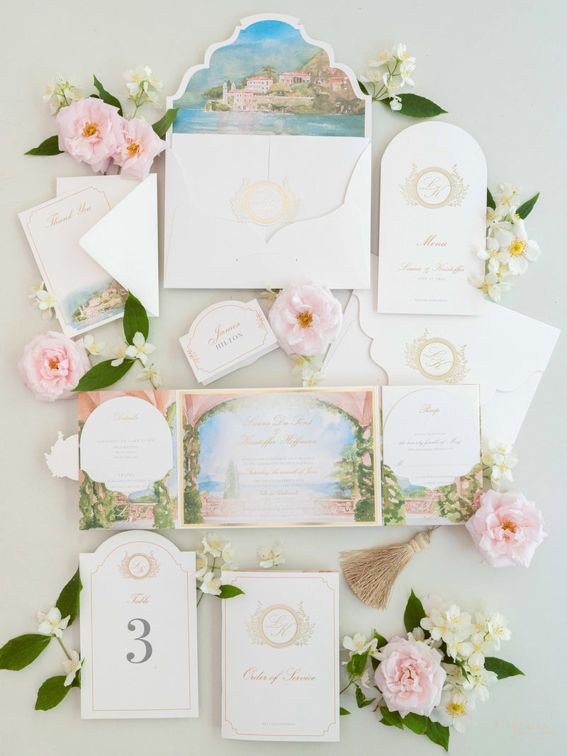 Order of Service mit Aquarell-Hochzeitsort & Goldfolie | Villa del Balbianello, Comer See