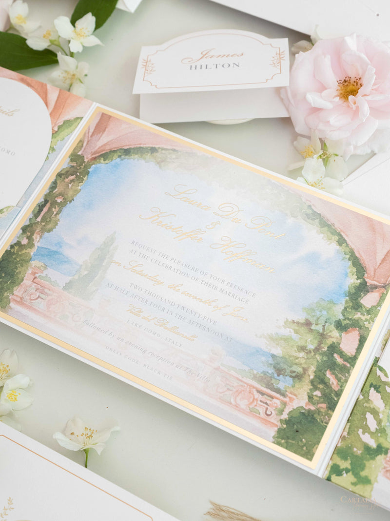 Villa del Balbianello | Luxuriöses Hochzeits-Einladungsset | Pocketstyle mit Aquarell-Hochzeitslocation und Goldfolie | Lake Como