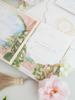 Villa del Balbianello | Luxuriöses Hochzeits-Einladungsset | Pocketstyle mit Aquarell-Hochzeitslocation und Goldfolie | Lake Como
