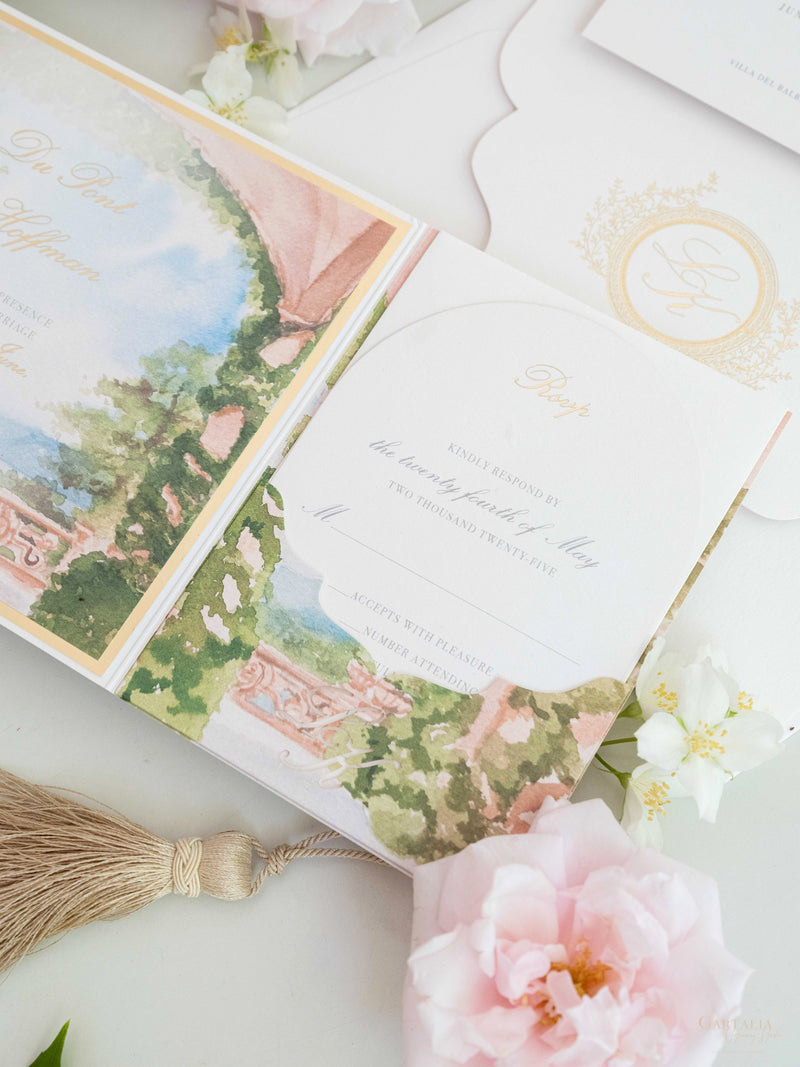 Villa del Balbianello | Luxuriöses Hochzeits-Einladungsset | Pocketstyle mit Aquarell-Hochzeitslocation und Goldfolie | Lake Como