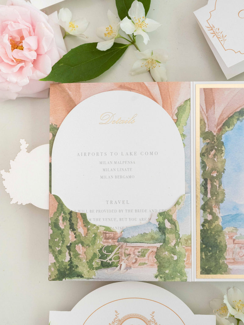 Villa del Balbianello | Luxuriöses Hochzeits-Einladungsset | Pocketstyle mit Aquarell-Hochzeitslocation und Goldfolie | Lake Como