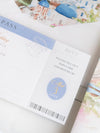 Reisepass-Einladung Set mit Vellum-Aquarell und Monogramm-Wachssiegel | Santorini, Griechenland
