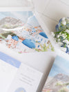 Reisepass-Einladung Set mit Vellum-Aquarell und Monogramm-Wachssiegel | Santorini, Griechenland