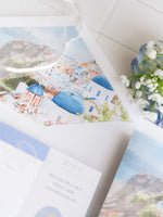 Reisepass-Einladung Set mit Vellum-Aquarell und Monogramm-Wachssiegel | Santorini, Griechenland