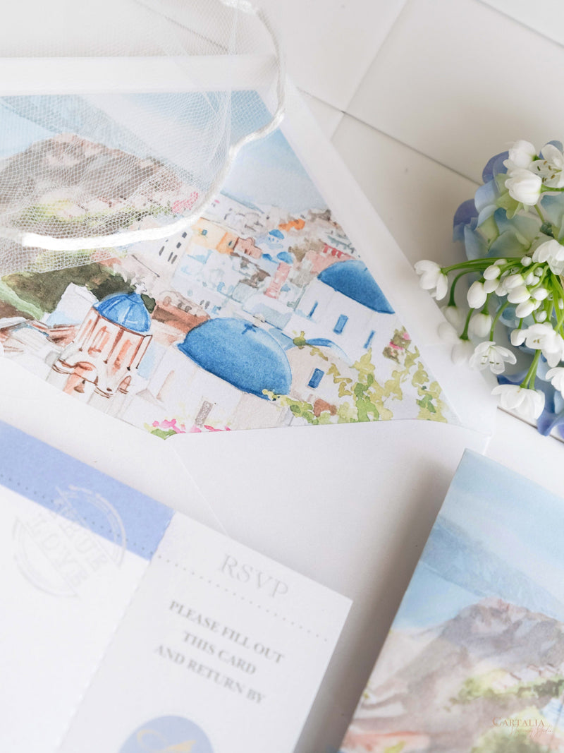 Reisepass-Einladung Set mit Vellum-Aquarell und Monogramm-Wachssiegel | Santorini, Griechenland