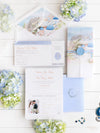 Reisepass-Einladung Set mit Vellum-Aquarell und Monogramm-Wachssiegel | Santorini, Griechenland