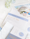 Reisepass-Einladung Set mit Vellum-Aquarell und Monogramm-Wachssiegel | Santorini, Griechenland