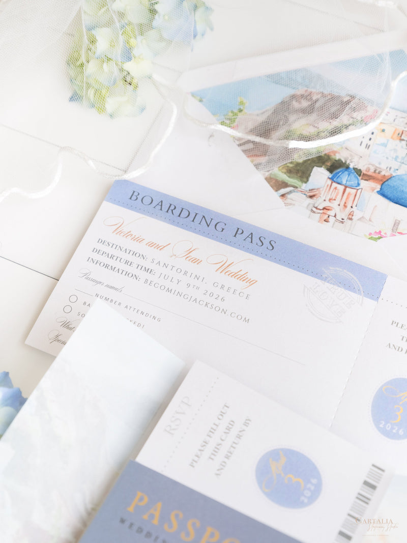 Reisepass-Einladung Set mit Vellum-Aquarell und Monogramm-Wachssiegel | Santorini, Griechenland
