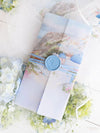 Reisepass-Einladung Set mit Vellum-Aquarell und Monogramm-Wachssiegel | Santorini, Griechenland