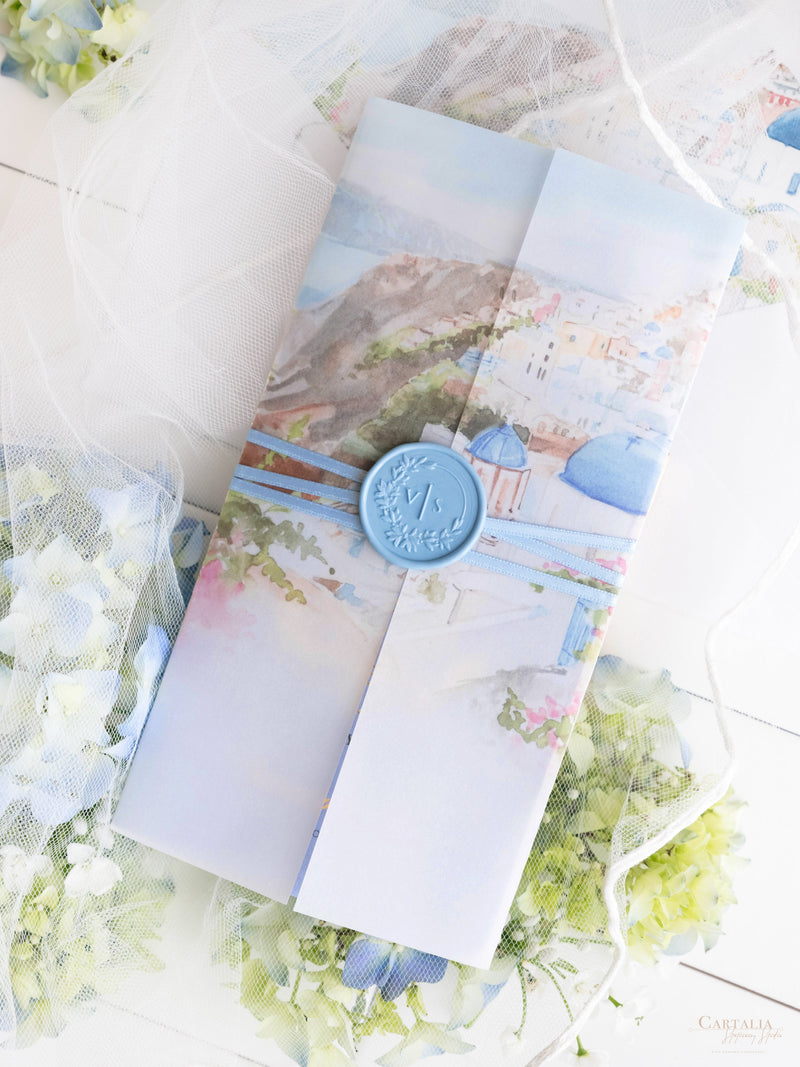 Reisepass-Einladung Set mit Vellum-Aquarell und Monogramm-Wachssiegel | Santorini, Griechenland