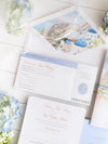 Reisepass-Einladung Set mit Vellum-Aquarell und Monogramm-Wachssiegel | Santorini, Griechenland