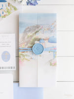 Reisepass-Einladung Set mit Vellum-Aquarell und Monogramm-Wachssiegel | Santorini, Griechenland