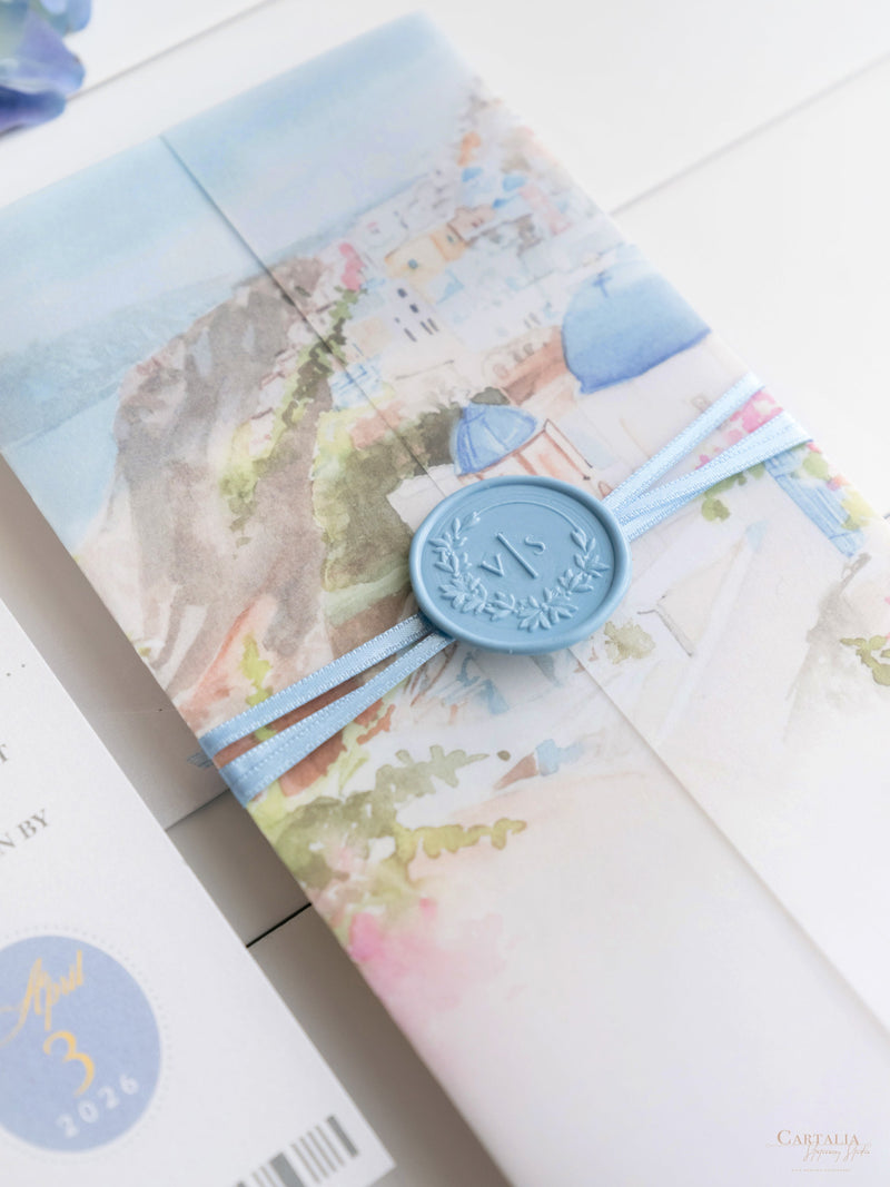 Reisepass-Einladung Set mit Vellum-Aquarell und Monogramm-Wachssiegel | Santorini, Griechenland