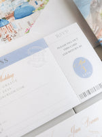 Reisepass-Einladung Set mit Vellum-Aquarell und Monogramm-Wachssiegel | Santorini, Griechenland