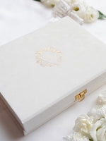 Luxus-Velvetbox mit Quaste Einladung mit Goldfolien-Hochzeitsort | Maßgeschneiderte Bestellung | Villa Balbiano, Comer See