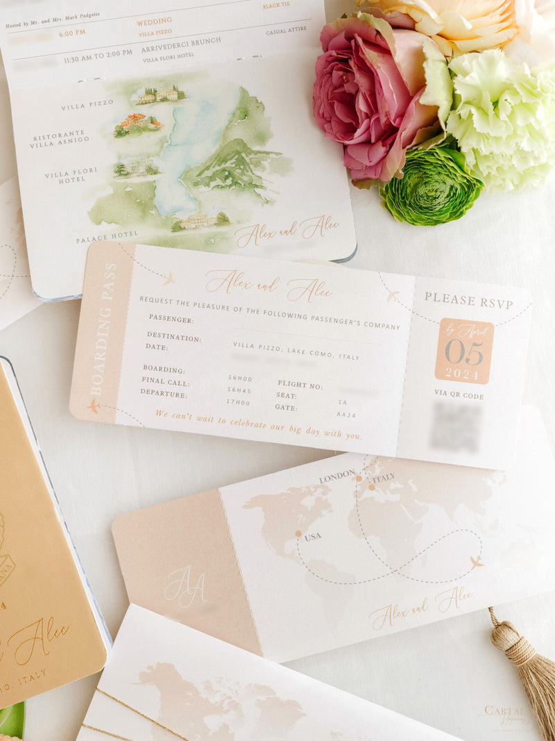 Italienische Hochzeit Veganes Leder Reisepass-Einladung mit Goldfolie & Gravur | Villa Pizzo Comer See, Aquarell