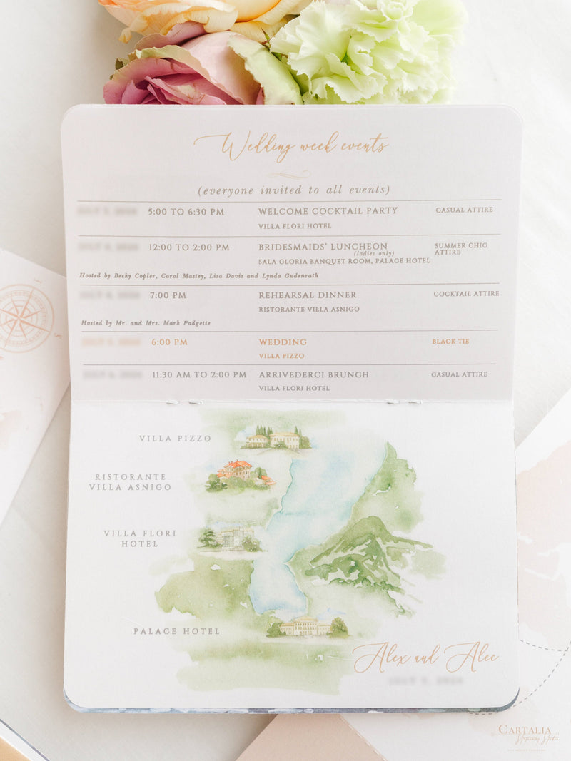 Italienische Hochzeit Veganes Leder Reisepass-Einladung mit Goldfolie & Gravur | Villa Pizzo Comer See, Aquarell