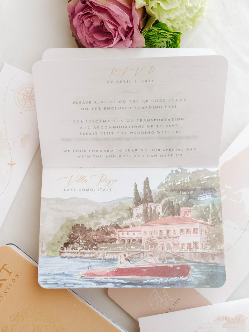 Italienische Hochzeit Veganes Leder Reisepass-Einladung mit Goldfolie & Gravur | Villa Pizzo Comer See, Aquarell