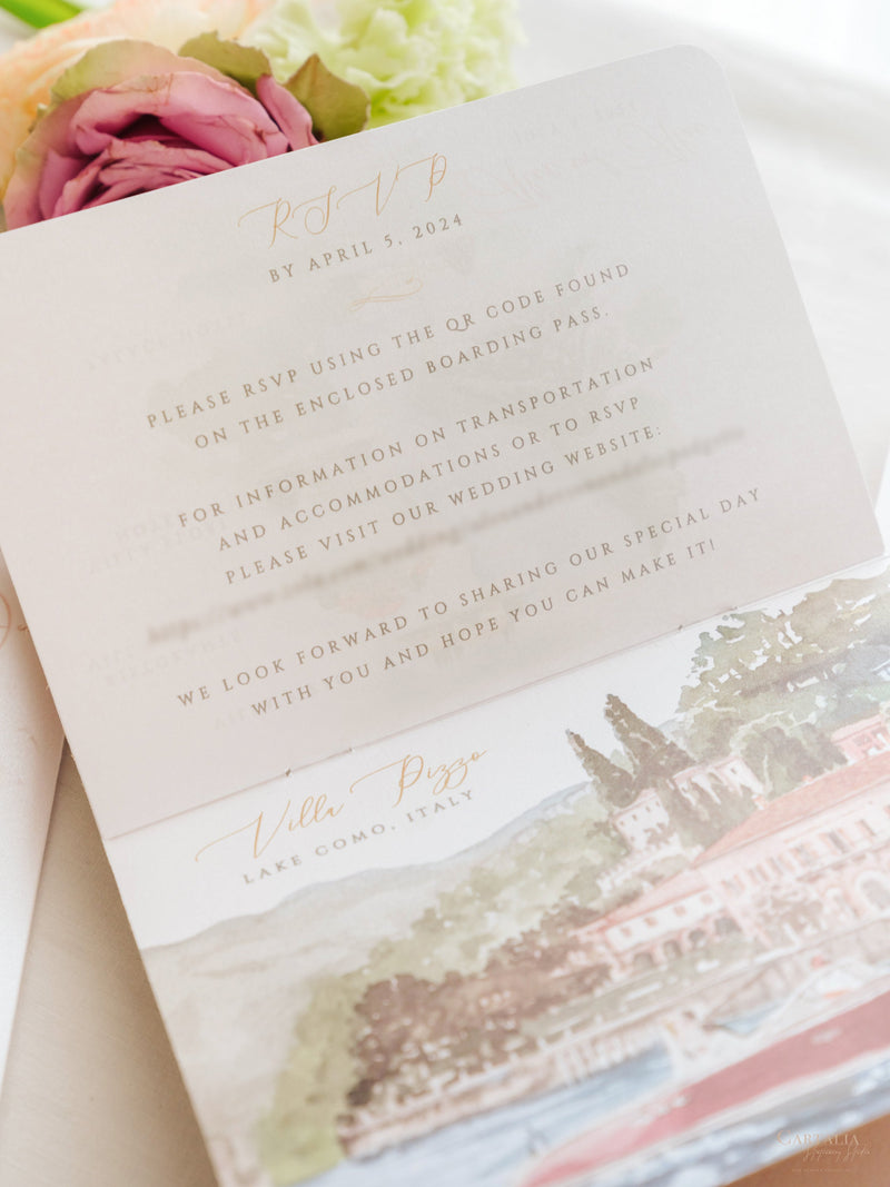 Italienische Hochzeit Veganes Leder Reisepass-Einladung mit Goldfolie & Gravur | Villa Pizzo Comer See, Aquarell