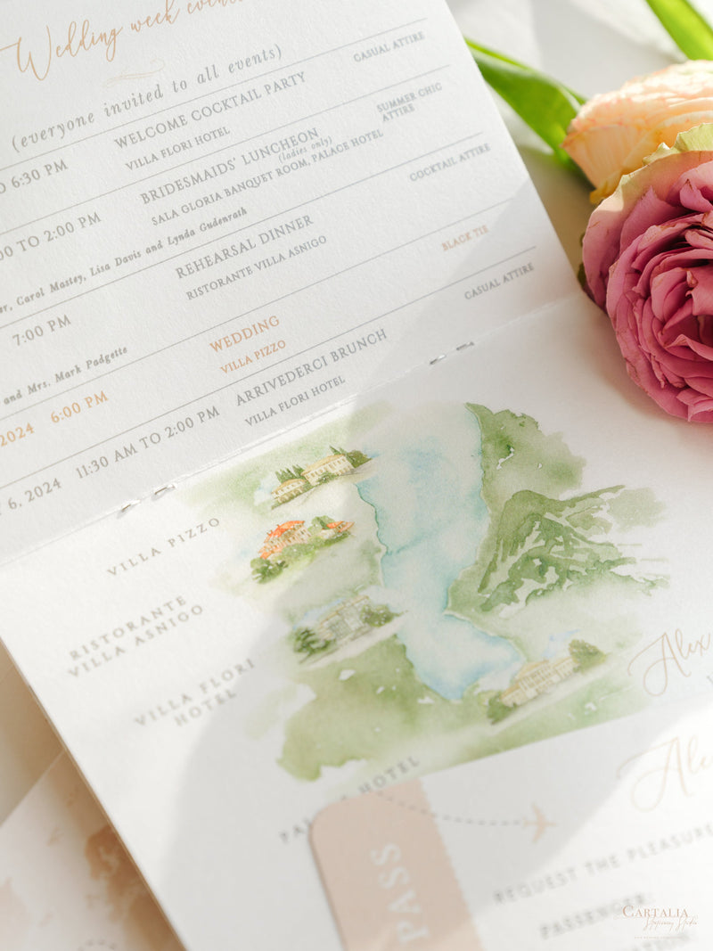 Italienische Hochzeit Veganes Leder Reisepass-Einladung mit Goldfolie & Gravur | Villa Pizzo Comer See, Aquarell