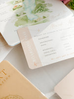 Italienische Hochzeit Veganes Leder Reisepass-Einladung mit Goldfolie & Gravur | Villa Pizzo Comer See, Aquarell