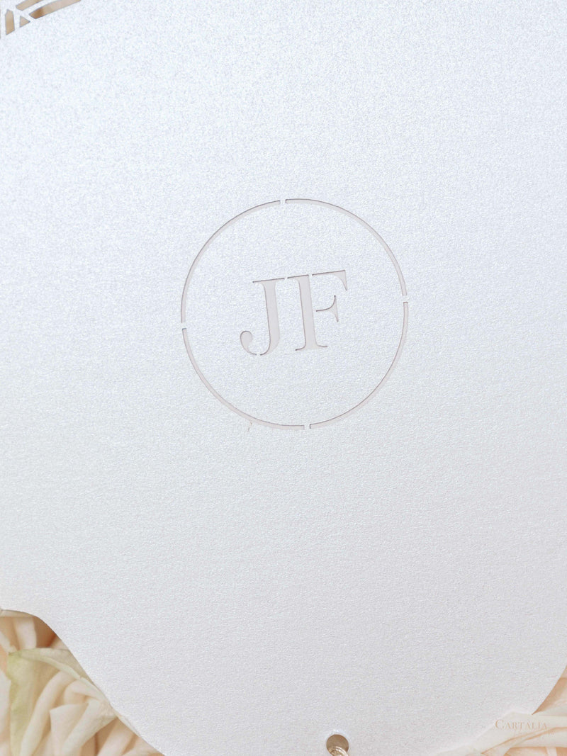 Intricate Laser-Cut Rose Wedding Petal Fan with Unique Luxury Monogram on the Back