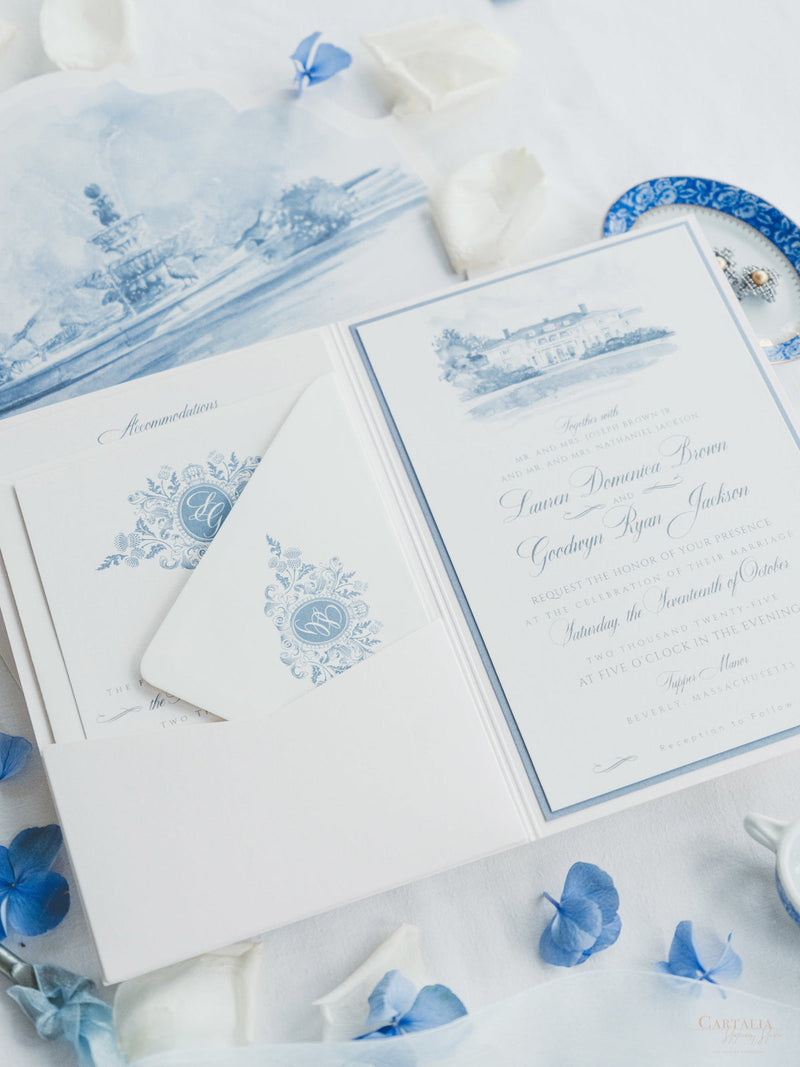 Pocketfold-Einladung mit Event-Location in Aquarell - Dusty Blue