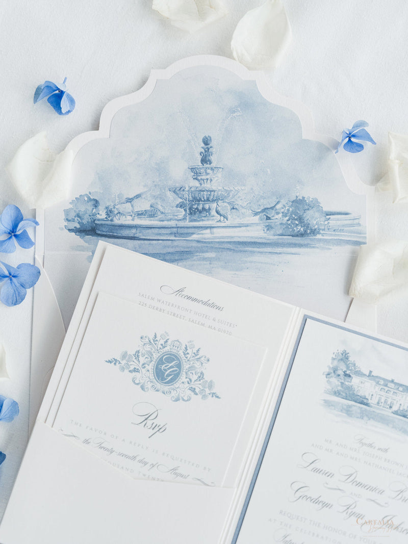 Pocketfold-Einladung mit Event-Location in Aquarell - Dusty Blue