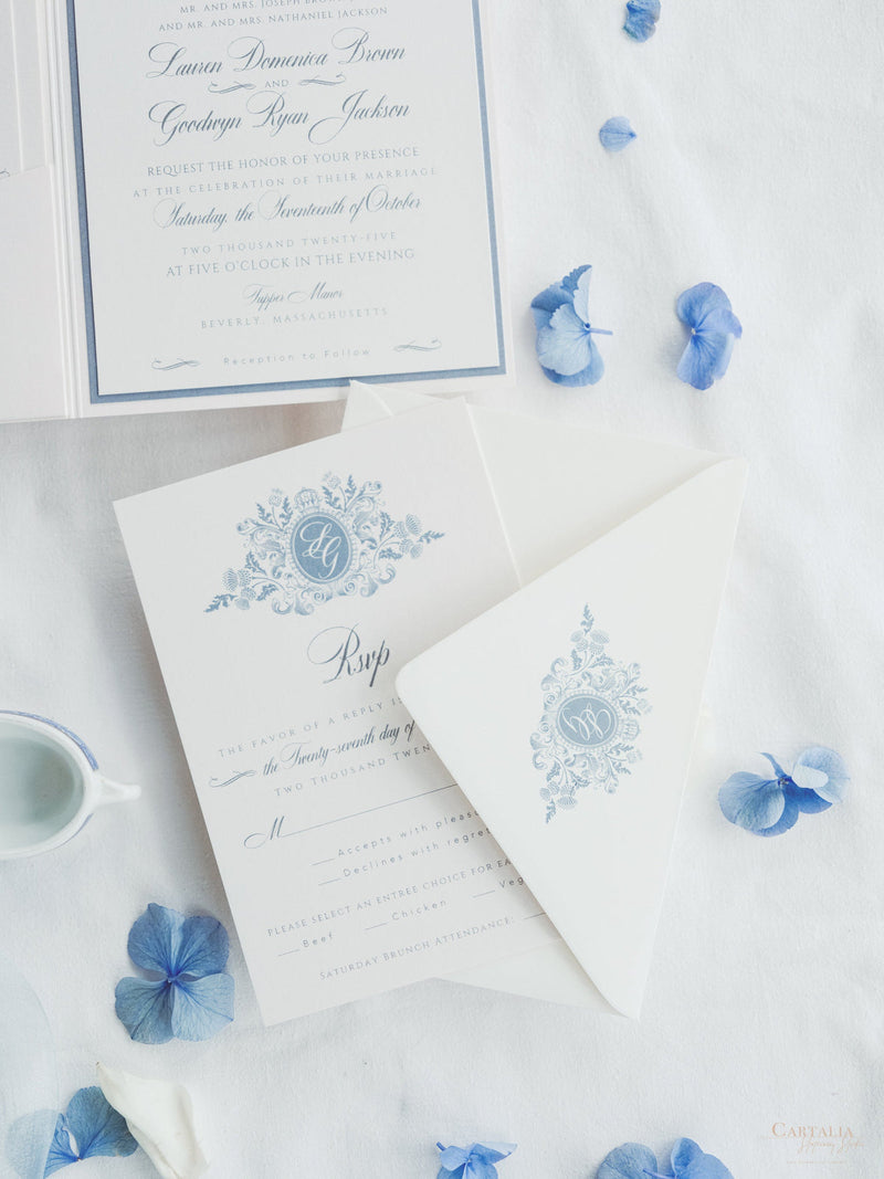 Pocketfold-Einladung mit Event-Location in Aquarell - Dusty Blue