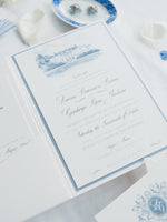 Pocketfold-Einladung mit Event-Location in Aquarell - Dusty Blue