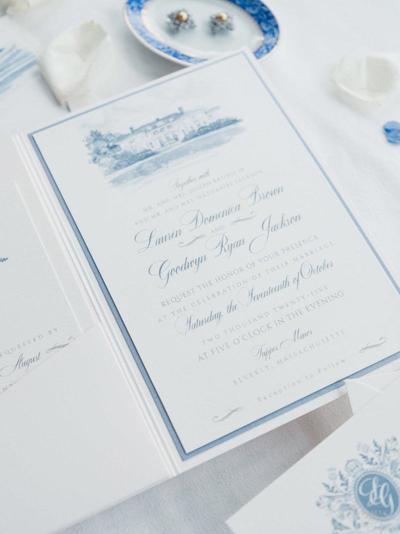 Pocketfold-Einladung mit Event-Location in Aquarell - Dusty Blue