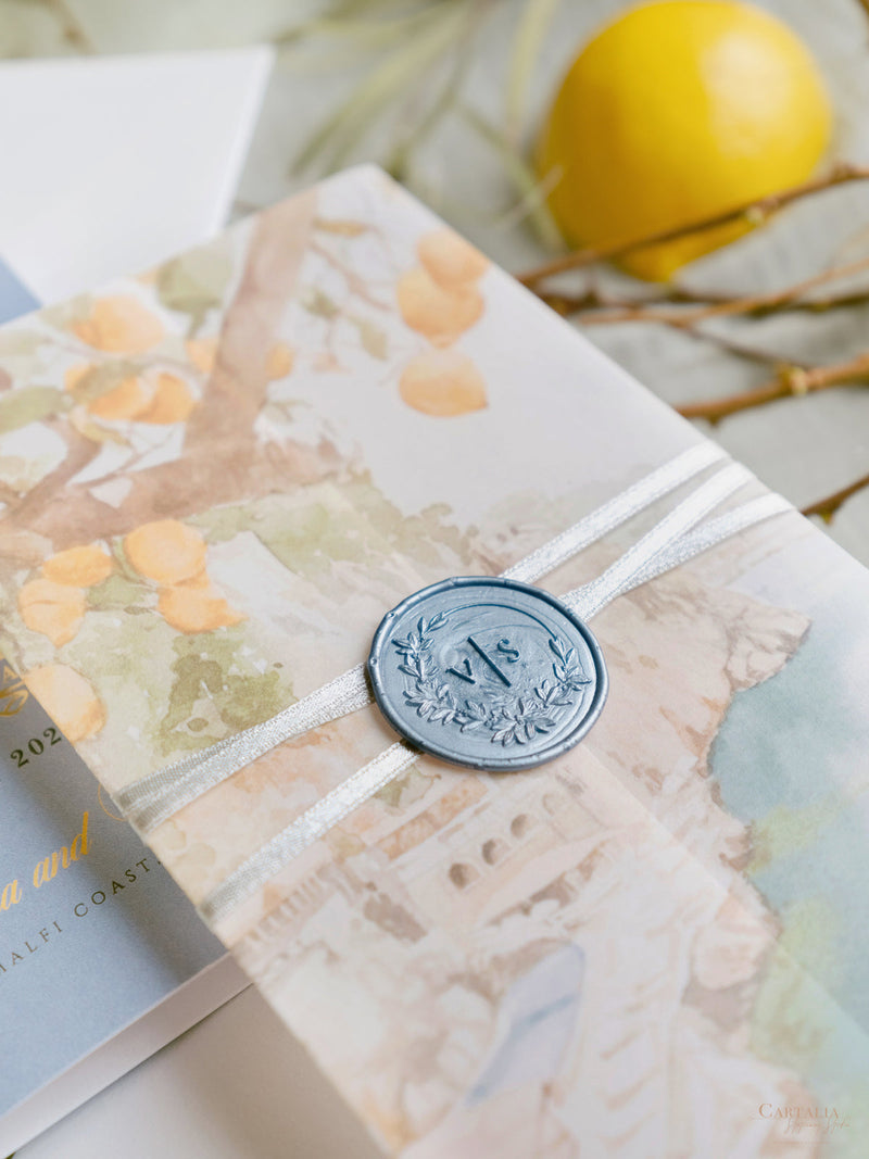 Amalfi-Küste Reisepass-Einladung, Zitronen Italienische Hochzeits-Einladung mit Vellum Aquarell