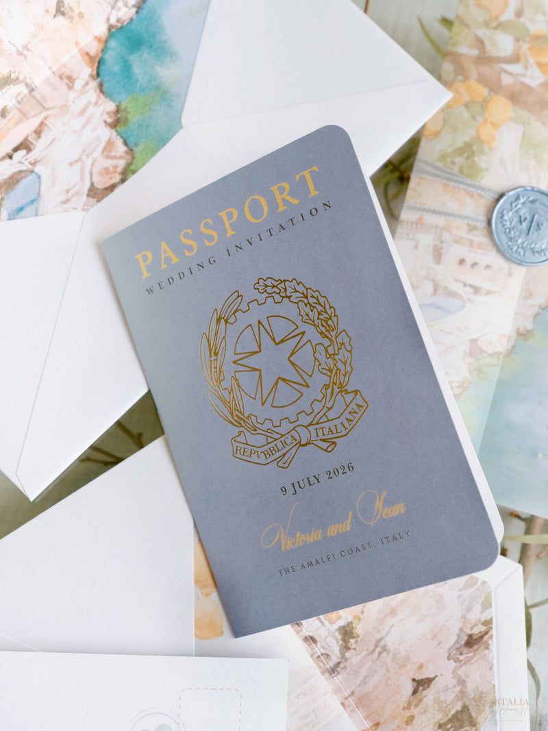 Amalfi-Küste Reisepass-Einladung, Zitronen Italienische Hochzeits-Einladung mit Vellum Aquarell