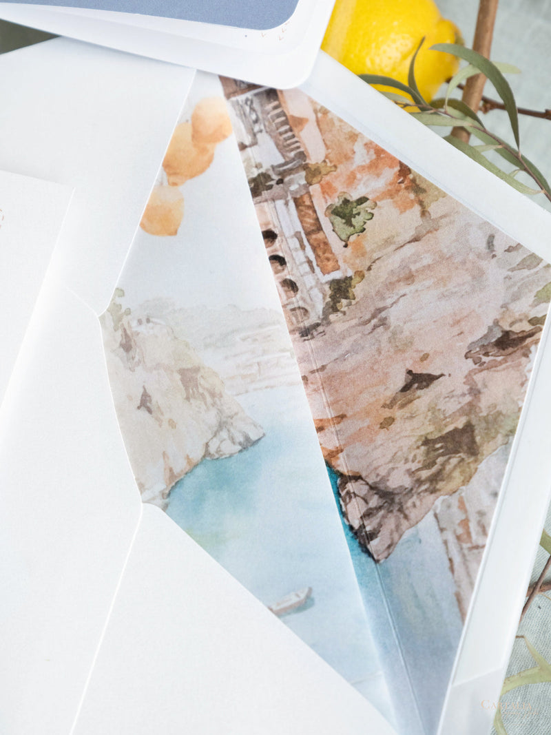 Amalfi-Küste Reisepass-Einladung, Zitronen Italienische Hochzeits-Einladung mit Vellum Aquarell