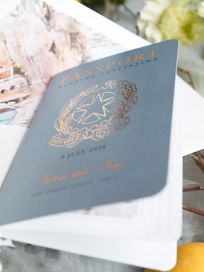 Amalfi-Küste Reisepass-Einladung, Zitronen Italienische Hochzeits-Einladung mit Vellum Aquarell
