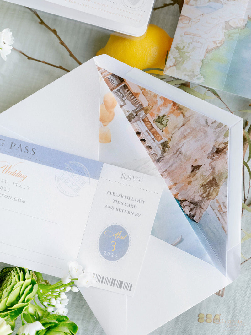 Amalfi-Küste Reisepass-Einladung, Zitronen Italienische Hochzeits-Einladung mit Vellum Aquarell