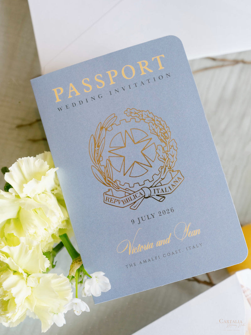 Amalfi-Küste Reisepass-Einladung, Zitronen Italienische Hochzeits-Einladung mit Vellum Aquarell