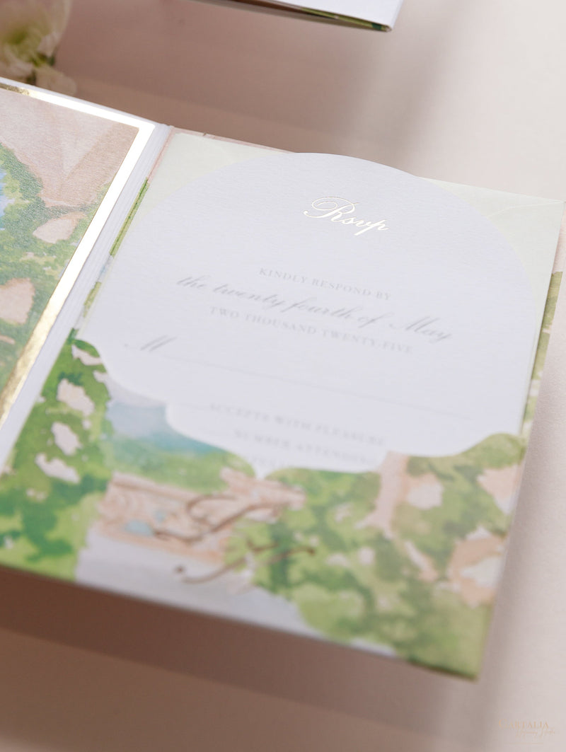 Villa del Balbianello | Luxuriöses Hochzeits-Einladungsset | Pocketstyle mit Aquarell-Hochzeitslocation und Goldfolie | Lake Como