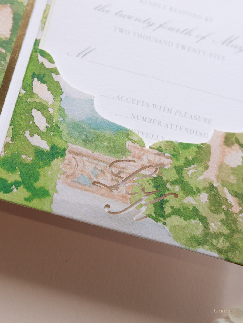 Villa del Balbianello | Luxuriöses Hochzeits-Einladungsset | Pocketstyle mit Aquarell-Hochzeitslocation und Goldfolie | Lake Como