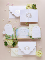 Villa del Balbianello | Luxuriöses Hochzeits-Einladungsset | Pocketstyle mit Aquarell-Hochzeitslocation und Goldfolie | Lake Como
