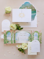 Villa del Balbianello | Luxuriöses Hochzeits-Einladungsset | Pocketstyle mit Aquarell-Hochzeitslocation und Goldfolie | Lake Como