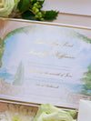 Villa del Balbianello | Luxuriöses Hochzeits-Einladungsset | Pocketstyle mit Aquarell-Hochzeitslocation und Goldfolie | Lake Como