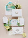 Villa del Balbianello | Luxuriöses Hochzeits-Einladungsset | Pocketstyle mit Aquarell-Hochzeitslocation und Goldfolie | Lake Como